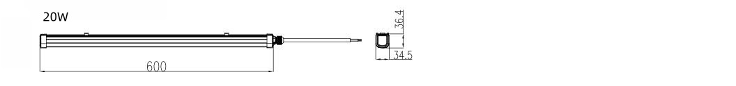 Dibujo dimensional de luz LED tri-proof de 2 pies