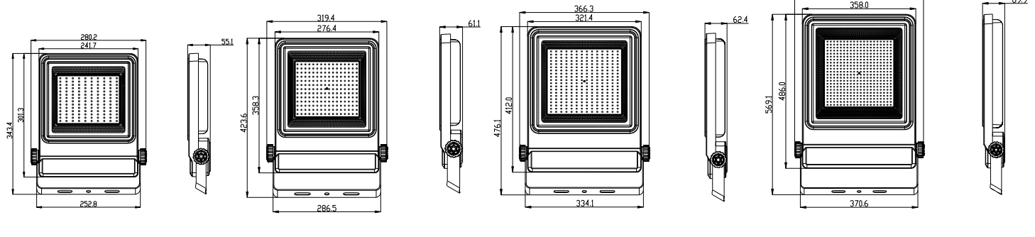 LED flood light dimensions drawing