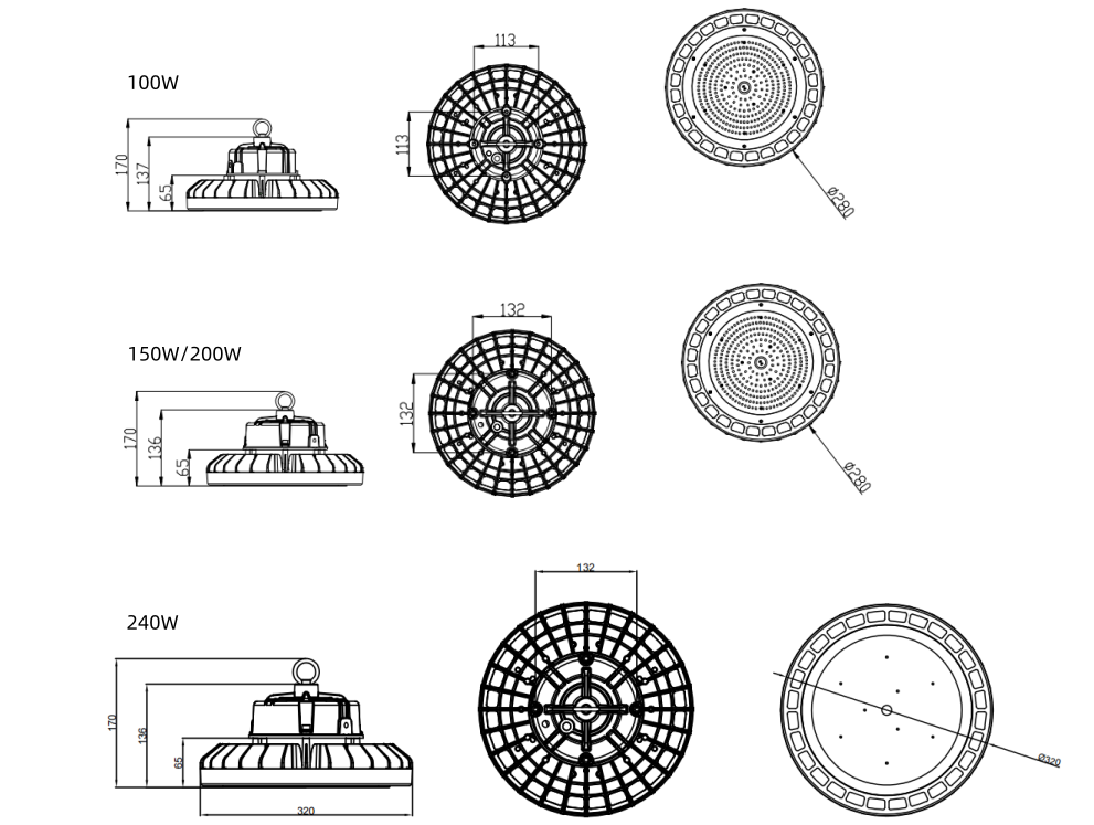 LED high bay light dimensions drawing