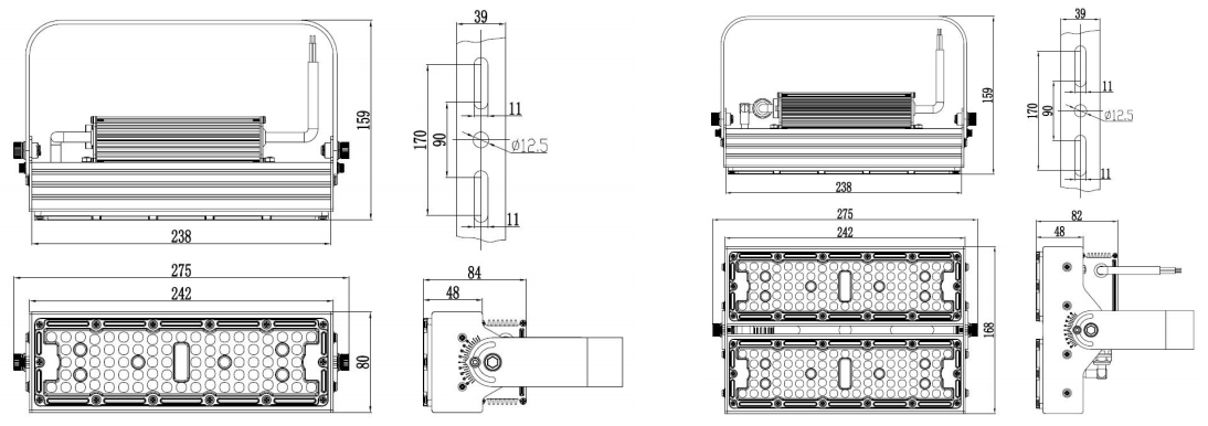 LED tünel ışığı 50W 100W boyutlu çizimler