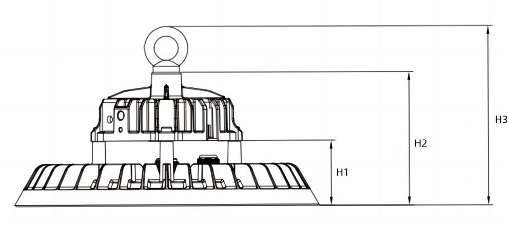 UFO-LED-Hochregal-Höhenzeichnung