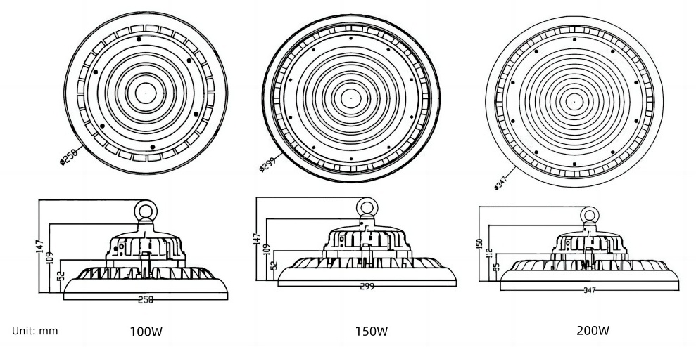 Disegno delle dimensioni della campana alta a led UFO