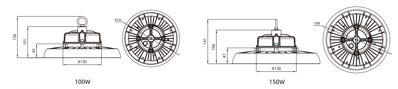 disegno dimensionale UFO a LED ad alta baia economico