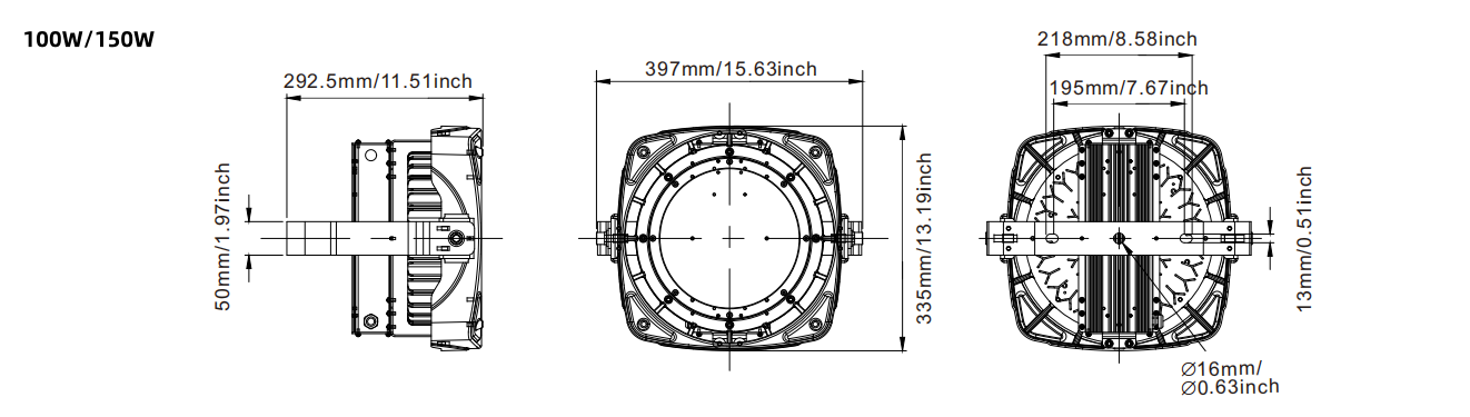 yüksek sıcaklık 100W 150W boyut çizimi