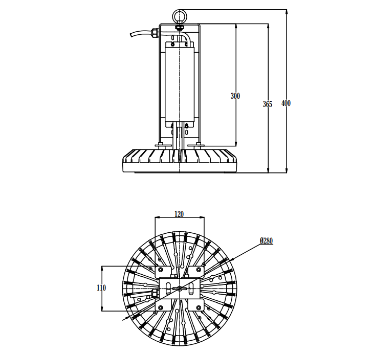 dibujo de dimensiones de alta temperatura 150W