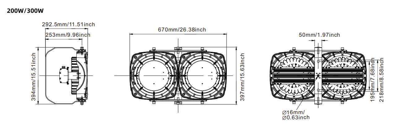 vysoká teplota 200W 300W rozměrový výkres