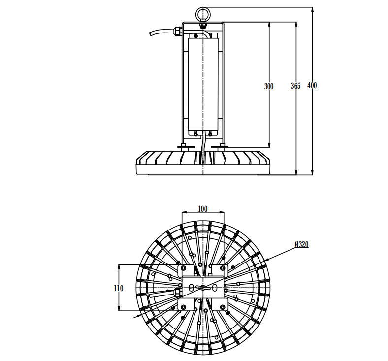 Hochtemperatur-UFO-LED-Hochregallager mit 200 W, Abmessungen