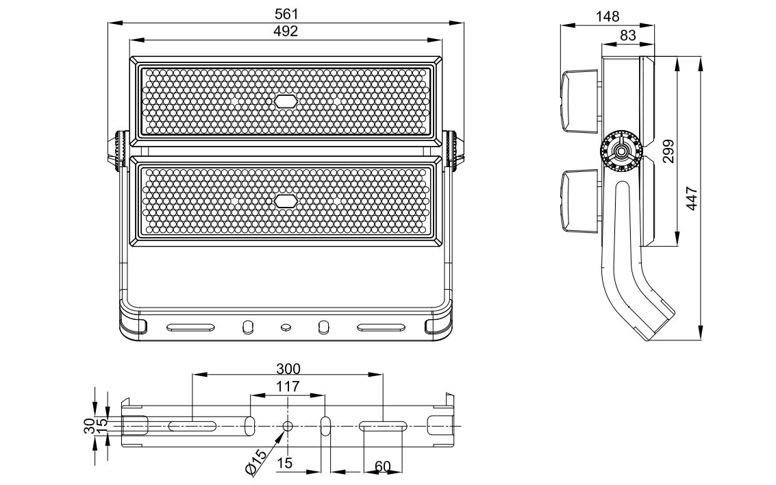 Maßzeichnung der modularen LED-Hochmastleuchte