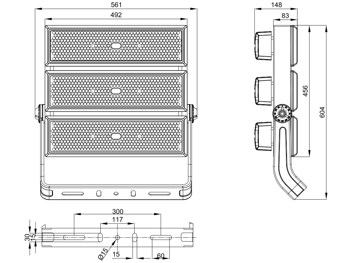 Luminaria LED modular de mástil alto dimensiones 3 módulos