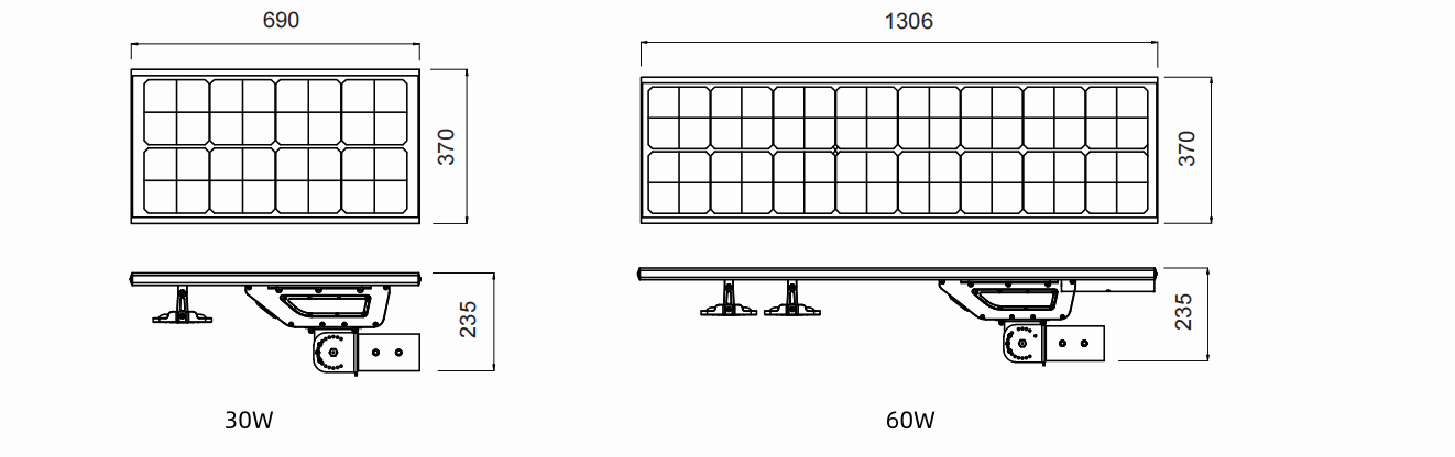 Solar LED gadelys dimensioner